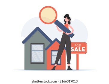 A woman stands in full growth looking for a house in the real estate market. Property search. Flat style. Element for presentations, sites. Vector illustration