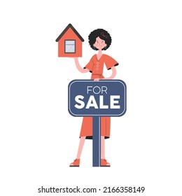 A woman stands in full growth next to a poster for the sale of real estate. Isolated. Flat style. Element for presentations, sites. Vector illustration