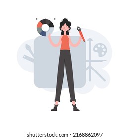 A woman stands in full growth with a pen tool and a color palette in her hands. Creation. Element for presentations, sites. Vector illustration