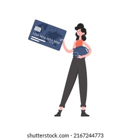 A woman stands in full growth with a piggy bank and a credit card in her hands. Isolated. Flat style. Element for presentations, sites. Vector illustration