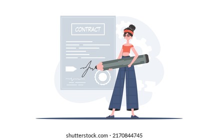 A woman stands in full growth to put a signature on a document on cooperation. Partnership. Element for presentation. Vector illustration