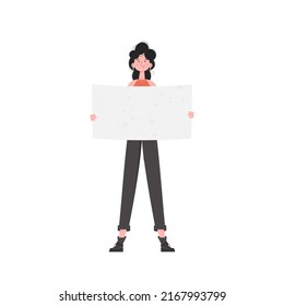 A woman stands in full growth shows an empty sheet. Isolated. Flat style. Element for presentations, sites. Vector illustration