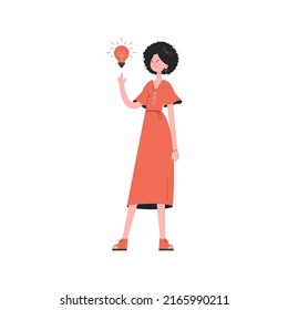 A woman stands in full growth who had an idea in the form of a light bulb. Isolated. Element for presentations, sites. Vector illustration