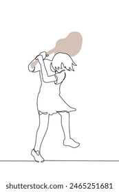 woman stands at full height swinging a guitar - one line art vector. music hater concept, musician hysteria. Handmade vector not AI