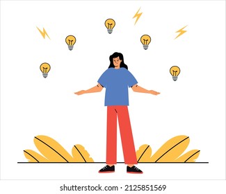 A woman stands with glowing bulbs above her head. The concept of new ideas