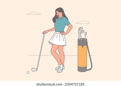 Woman stands with golf club and smiles, preparing to make shot to drive ball into hole. Young girl is interested in golf and enjoys game in fresh air, which allows to develop accuracy.