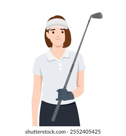 Woman stands with golf club and smiles. Flat vector illustration isolated on white background