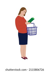 A woman stands with a grocery basket. The girl chooses and reads the instructions on the food box. Shopping. purchase of products. Isolated flat vector illustration
