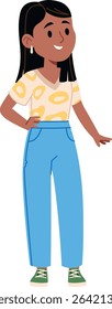 A woman stands with a hand on her hip, wearing a patterned shirt and jeans in a cartoon style. The character has long hair and is depicted with a friendly expression. Cartoon vector illustration.
