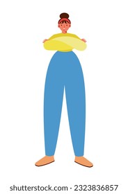 Woman stands with her arms crossed, smiling face. Female is wearing pants and long-sleeve jacket. Distorted proportions style, isolated vector illustration.