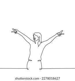 woman stands with her arms raised to the sides showing a gesture of peace - one line drawing vector. concept smile and peace gesture