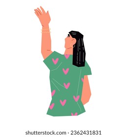 Woman stands with her back and looks forward, raising her hand in greeting or goodbye gesture, flat vector illustration isolated on a white background. Woman waving hand.