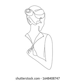 Woman stands with her back and one hand unfastens her dress one line drawing on white isolated background. Vector illustration 