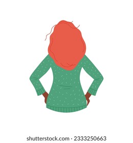 Woman stands with her back resting her hands on hips. Woman shows curiosity and carefully considers something, flat vector illustration isolated on white background.