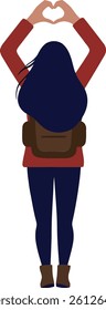 A woman stands with her back towards the viewer, forming a heart shape with her hands while wearing a stylish red sweater and a brown backpack.