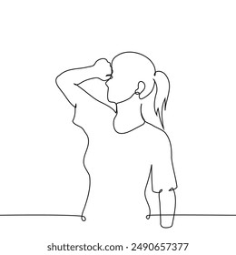 woman stands with her fist raised to her forehead - one line art vector. the concept wipe sweat, think hard. Handmade vector not AI