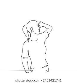 woman stands with her hand on her forehead - one line art vector. concept woman sweating, fatigue, cringe, increased body temperature, hot. Нand made vector not AI