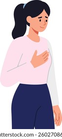 A woman stands with her hand on her heart, smiling softly, conveying warmth and sincerity in a minimalist vector style.