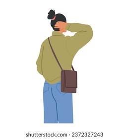 Woman Stands, Her Hand Raised, Scratching Her Head With A Puzzled Expression, Seen From Behind. Body Language of Female Character Reflects Confusion Or Uncertainty. Cartoon People Vector Illustration