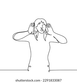 woman stands with her hands to her mouth so that her call or scream can be heard better - one line drawing vector. concept cheerleader utters a chant, shout loudly or call