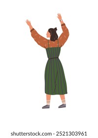 A woman stands with her hands raised high, wearing a green striped dress and brown top. Ideal for themes celebration, joy, empowerment, fashion, positive energy. Illustration executed in a