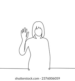 woman stands with her palm raised - one line art vector. concept greet or say goodbye