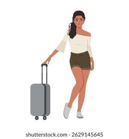 Woman stands with her suitcase, journey dressed in shoulder top and denim shorts. Flat Vector character illustration