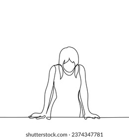 woman stands with his hands on the table and looks down - one line art vector. concept of reflection, dead end, logical task, thoughtfulness