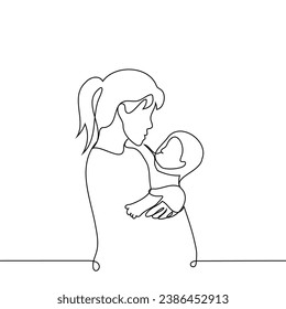 woman stands holding baby, they look at each other - one line art vector. concept a young mother or older sister carries a baby in her arms