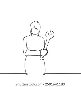 woman stands holding a giant wrench with both hands - one line art vector. concept of repair work, attack with tool. Handmade vector not AI