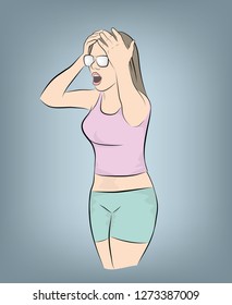 a woman stands holding her head. vector illustration.