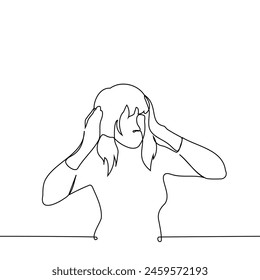  woman stands holding her head with both hands - one line art vector. concept horrified, migraine, shock. Handmade vector not AI