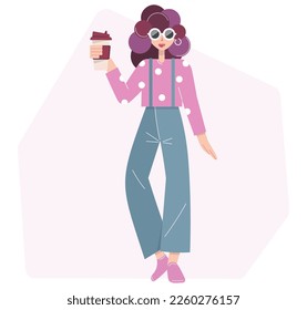 A woman stands and holds a cup of coffee or tea in her hand. Vector flat illustration of a girl with a hot drink in her hand. A woman drinks while enjoying a hot drink. Isolated on white background.