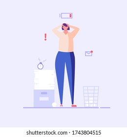 Woman stands and holds her head , no vigor. Concept of tired people, stress and emotional burnout, low energy, frustrated worker, inefficiency. Vector illustration in flat design.