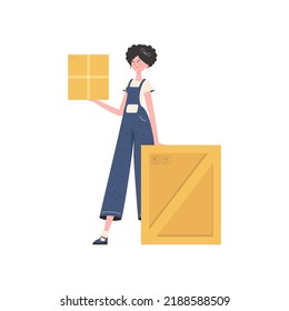 A woman stands and holds a parcel. Delivery concept. Isolated on white background. trendy style. Vector illustration.
