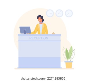 Woman stands at the hotel reception desk and works at her computer. Happy female receptionist in the lobby meets the guest in hotel reception. Flat vector Illustration