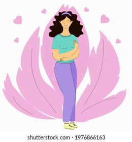 A woman stands and hugs herself while she smiles. Illustration about self-love and caring for yourself and your body.