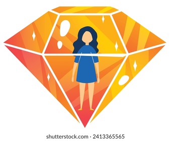 A woman stands inside a giant shiny diamond, symbolizing value and success. Female empowerment and self-worth concept vector illustration.