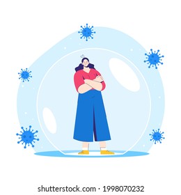 Woman stands inside a protective bubble. Adult character is vaccinated and protected from coronavirus COVID-2019. Vector isolated illustration on white background