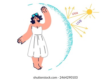 Woman stands in invisible dome obtained thanks to sunscreen to protect herself from sun rays, which cause skin cancer. UVA and UVB sun rays do not reach girl in white dress who refuses to sunbathe