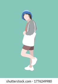 Frau steht einzeln auf dem Hintergrund und trägt einen weißen Rücken. Illustration, Vektordesign eines flachen Cartoons. 