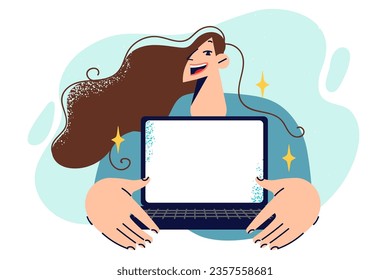 Woman stands with laptop in hands and demonstrates computer with blank screen to place advertisement. Girl with open laptop recommending use of modern gadgets for more productive work