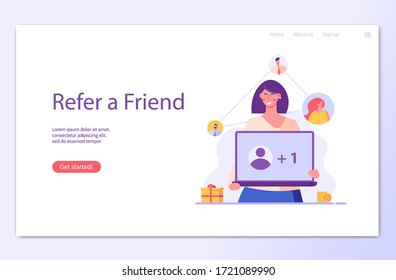 Woman stands with laptop and invites friends. Refer a friend. Concept of referral program, inviting, business partnership, smm. Vector illustration in flat design for UI, banner, landing page 
