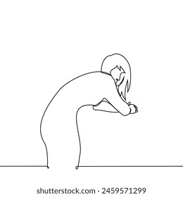 woman stands leaning forward leaning on crossed elbows and turned around and looks at the camera - one line art vector. concept lonely woman standing, hunched back. Handmade vector not AI