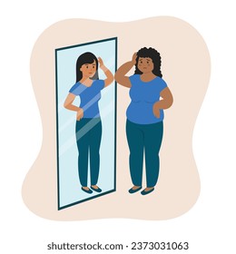 A woman stands and looks at herself in the mirror and feels bad, low self-esteem.