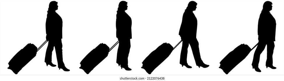 A woman stands and looks up, holding a luggage handle on wheels. Business trip. Businesswoman in a pantsuit with a large bag on wheels. Side view. Four female black silhouettes isolated on white.