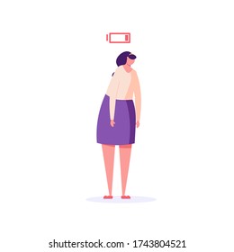 Woman Stands With Low Energy, No Vigor. Concept Of Tired People, Stress And Emotional Burnout, Frustrated Worker, Inefficiency. Vector Illustration In Flat Design.