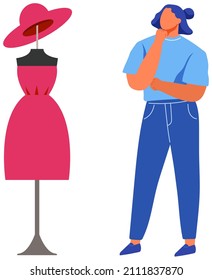 Woman stands with mannequin in ready-made dress. Fashion designer, dressmaker, sewing specialist during work. Lady looks at outfit, clothes on mannequin. Haute couture dress design vector illustration