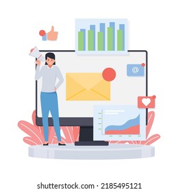 Woman stands with megaphone in front of monitor and marketing icon around illustration for email marketing