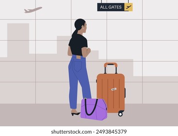 A woman stands near an airport gate, gazing out at the runway, with her luggage by her side